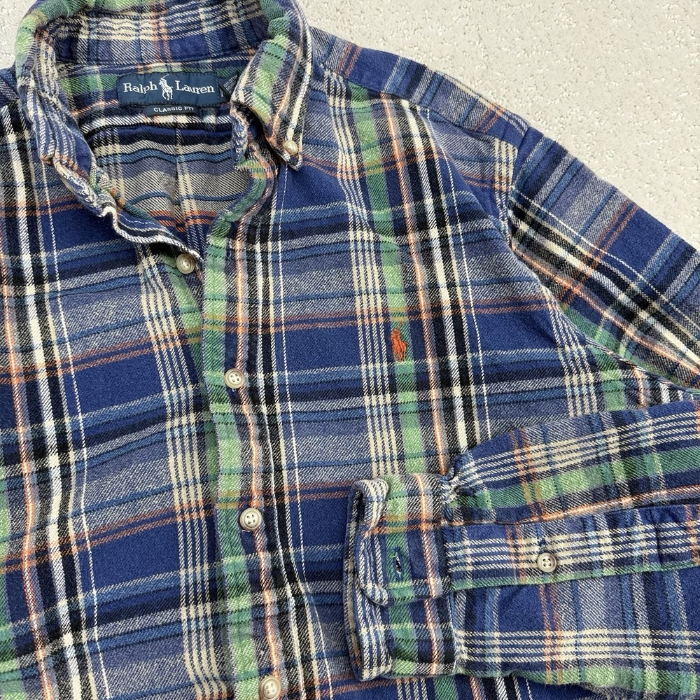 Vintage Ralph Lauren Mens L‎ Classic Fit Plaid Flannel Shirt Blue Green $125